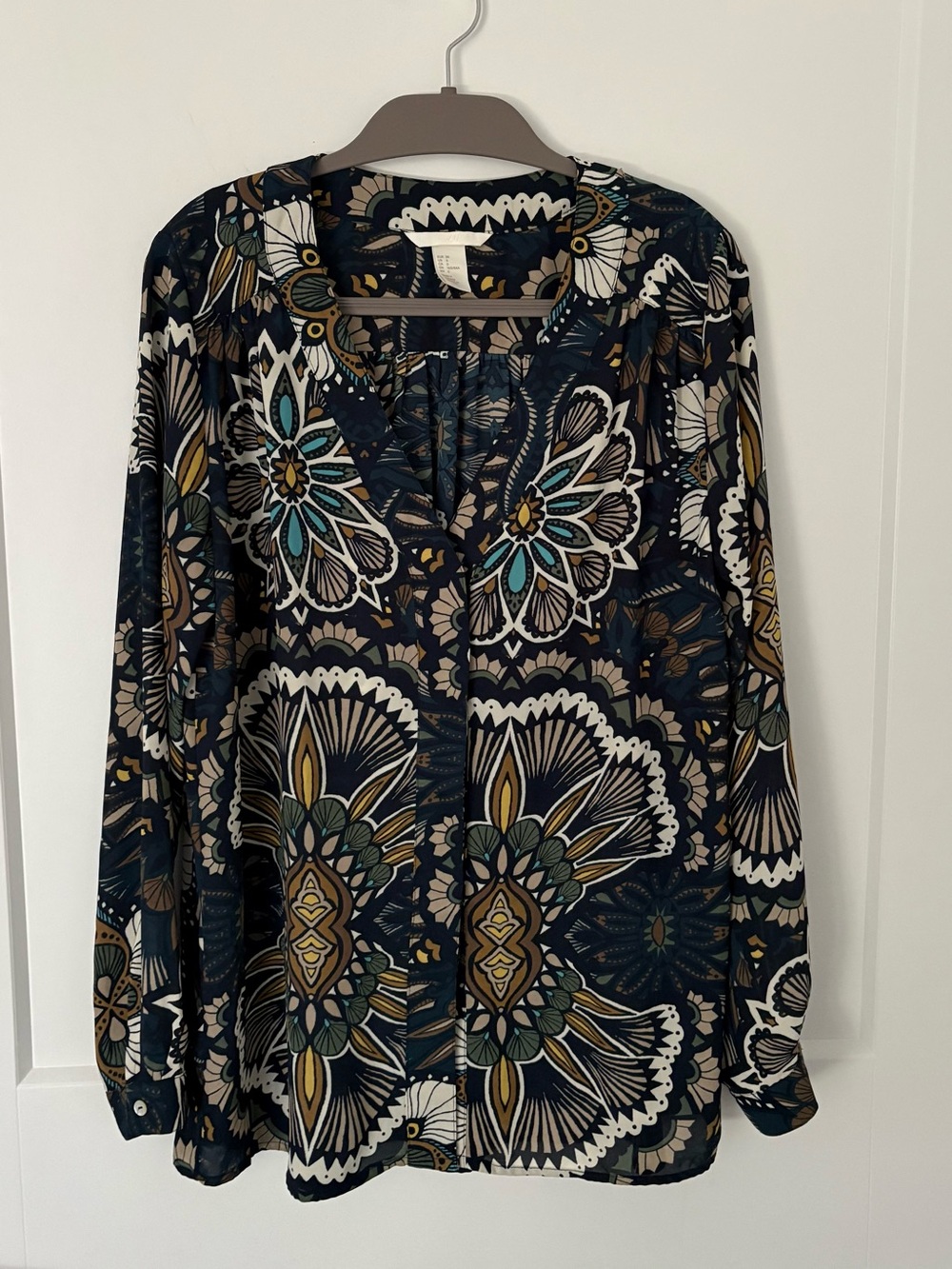 H&M Boho Mandala Print Long Sleeve Sheer Blouse Navy/Mustard - Size 6